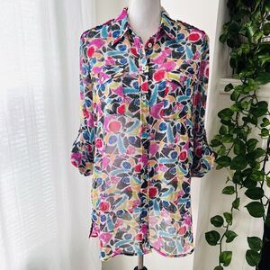Ruby Rd Colorful Sheer Lightweight Summer Roll Tab Sleeve Blouse Size 10